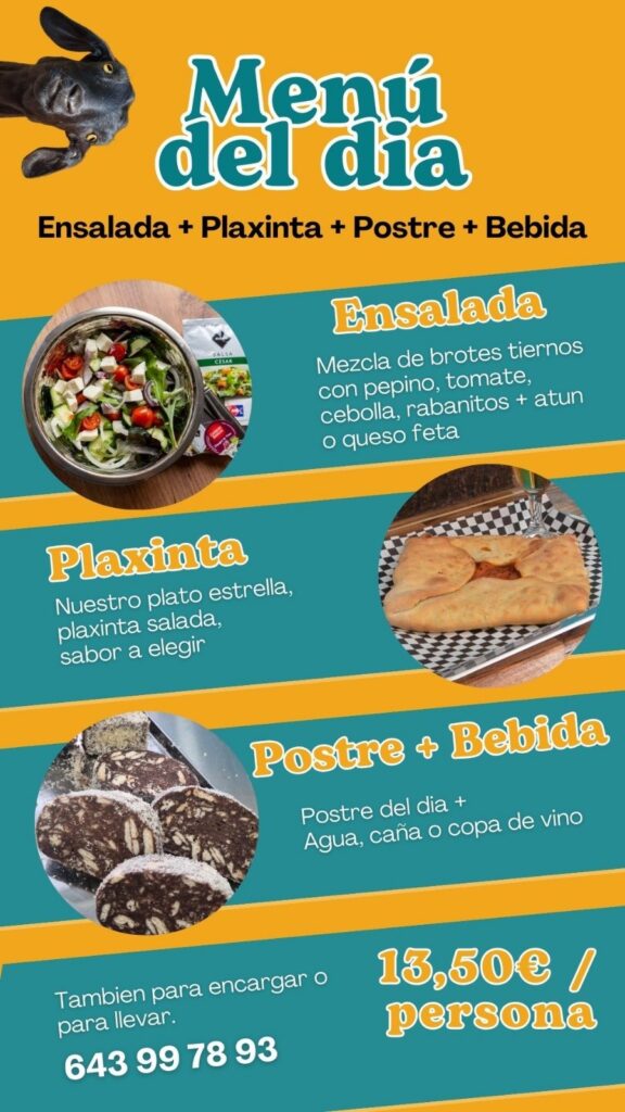 Cartel del menú del día: ensalada, plaxinta, postre y bebida